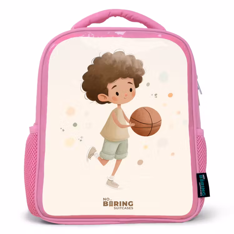 Jongen met een basketbal in beige kleuren Kinderrugzak - Roze middel -3d