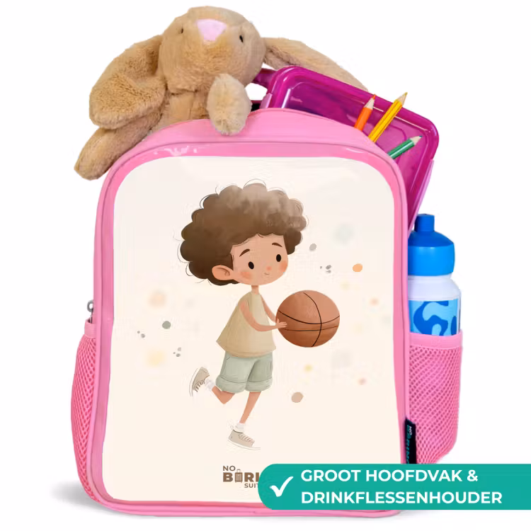 Jongen met een basketbal in beige kleuren Kinderrugzak - Roze middel -inhoud_NL