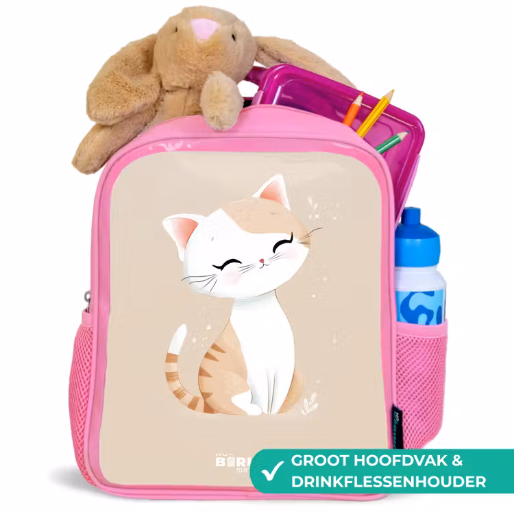 Kitten in de kleuren beige en wit Kinderrugzak - Roze middel -inhoud_NL