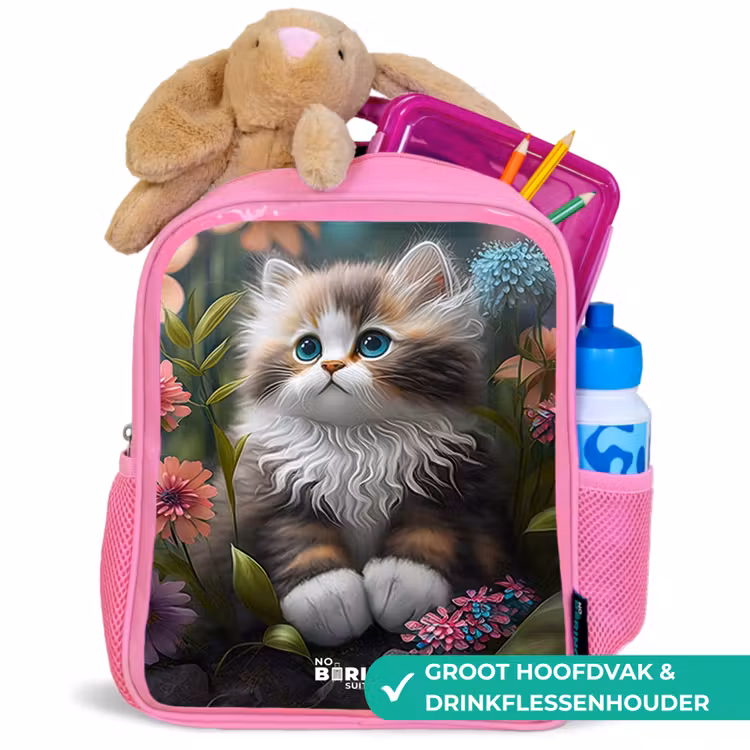 Kitten tussen bloemen Kinderrugzak - Roze middel -inhoud_NL