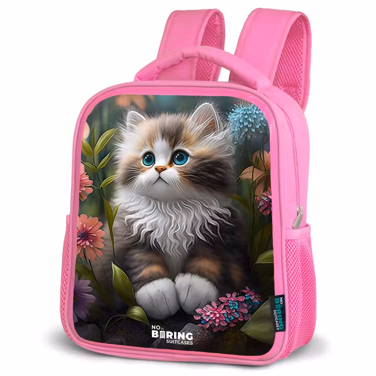 Kitten tussen bloemen Kinderrugzak - Roze middel -schuin