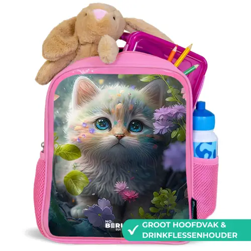 Kitten verstopt achter bloemen Kinderrugzak - Roze middel -inhoud_NL