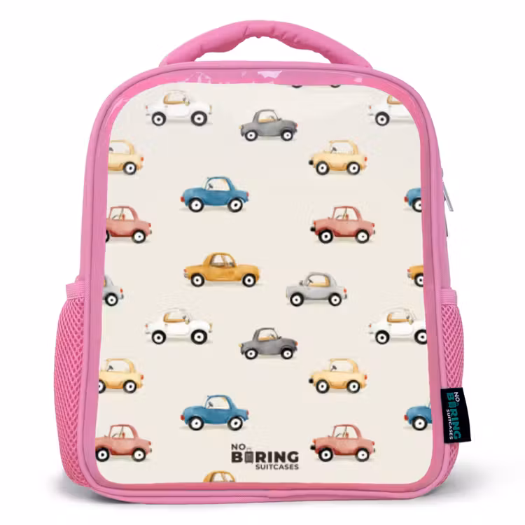 Kleurrijke retro autootjes Kinderrugzak - Roze middel -3d