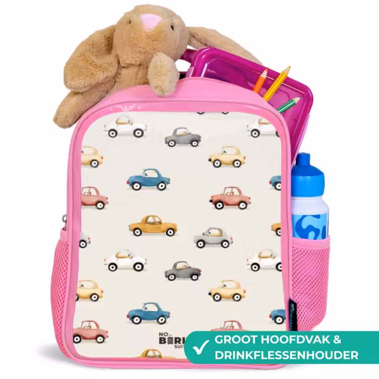 Kleurrijke retro autootjes Kinderrugzak - Roze middel -inhoud_NL