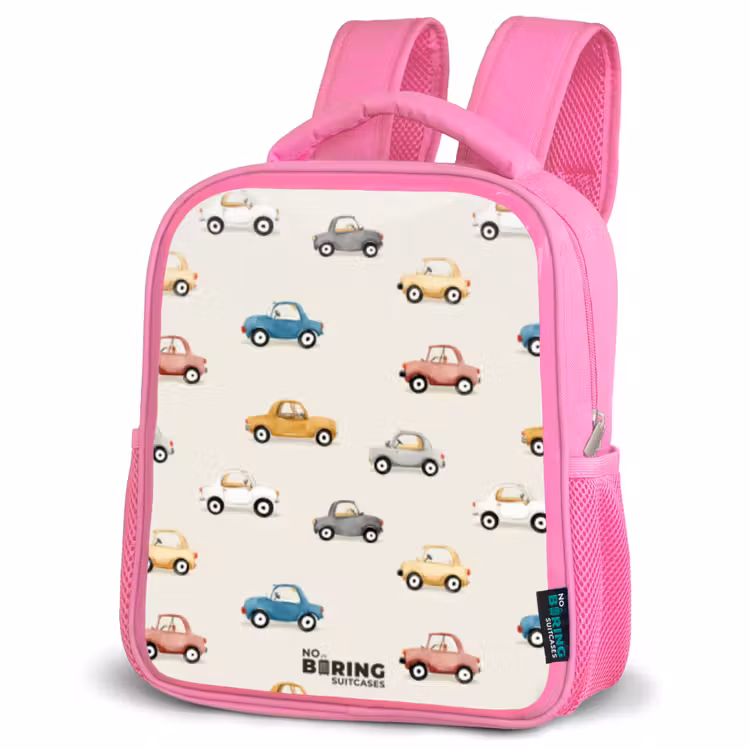 Kleurrijke retro autootjes Kinderrugzak - Roze middel -schuin