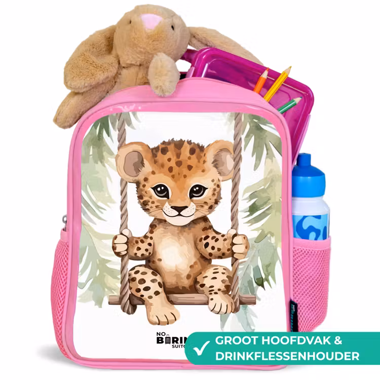 Luipaard welp op een schommel waterverf illustratie Kinderrugzak - Roze middel -inhoud_NL