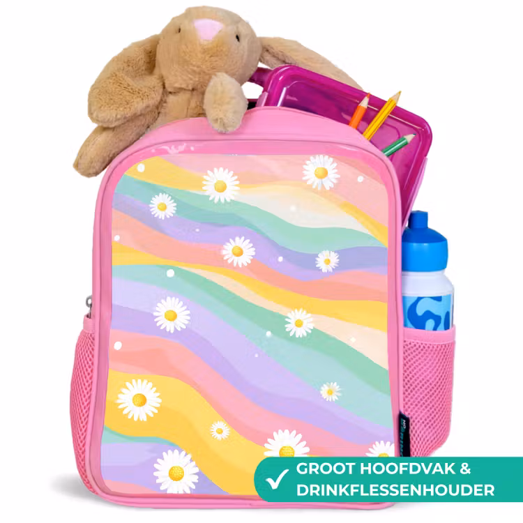 Madeliefjes - Kleurrijk - Pastel - Vrolijk Kinderrugzak - Roze middel -inhoud_NL
