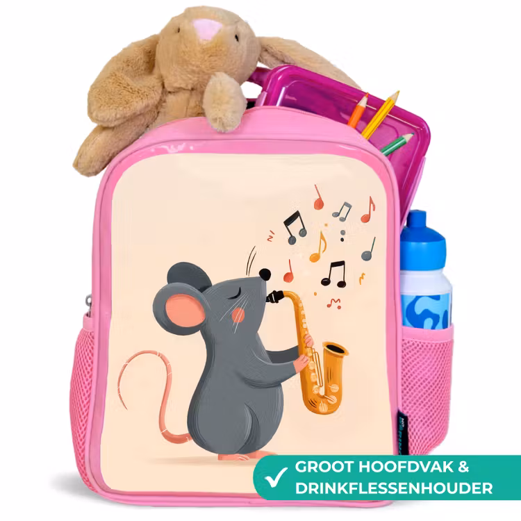 Muis - Saxofoon - Muzieknoten Kinderrugzak - Roze middel -inhoud_NL
