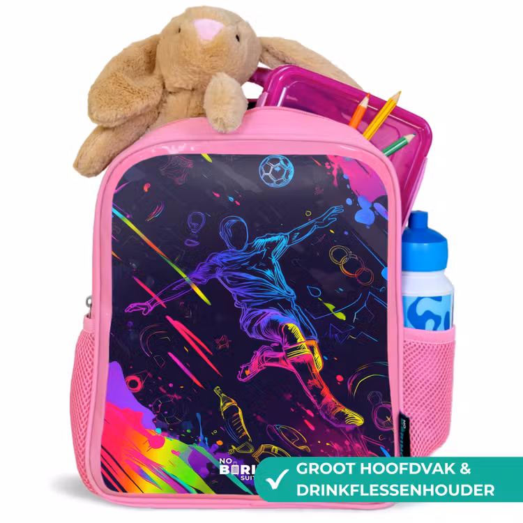 Neon actievolle voetbalspeler Kinderrugzak - Roze middel -inhoud_NL