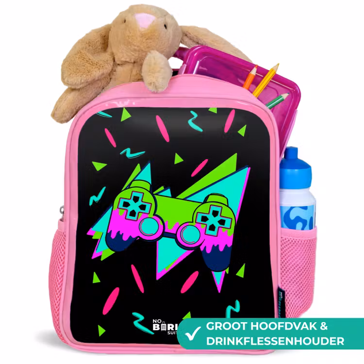 Neon controller op zwart Kinderrugzak - Roze middel -inhoud_NL