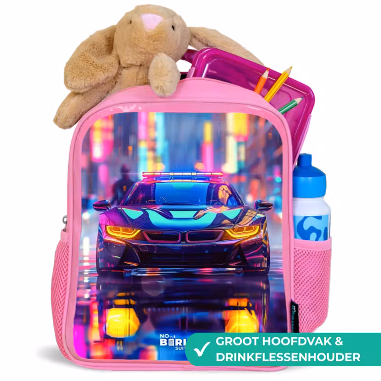 Neon nightcar Kinderrugzak - Roze middel -inhoud_NL