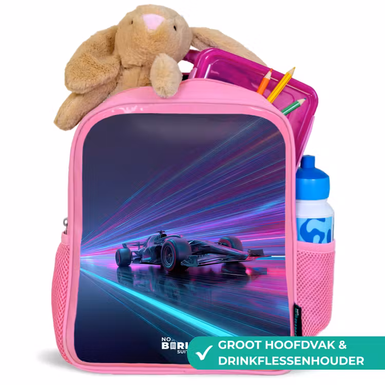 Neon - Raceauto - Lichtstrepen - Paars Kinderrugzak - Roze middel -inhoud_NL