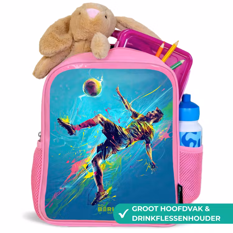Neon - Voetbal - Schop - Kleurrijk Kinderrugzak - Roze middel -inhoud_NL