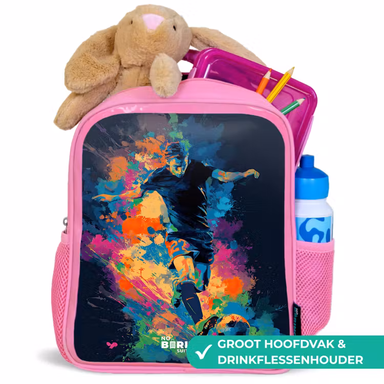Neon - Voetballer - Kleurrijk Kinderrugzak - Roze middel -inhoud_NL