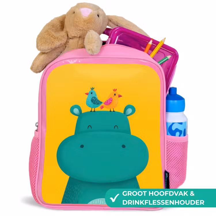 Nijlpaard - Vogels - Groen - Geel Kinderrugzak - Roze middel -inhoud_NL