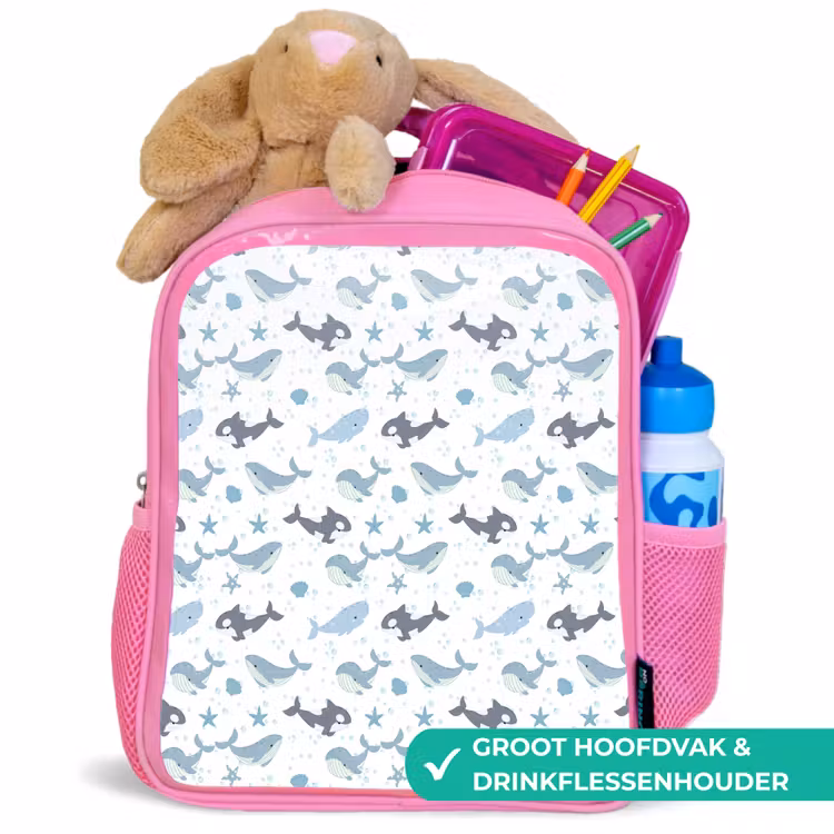 Oceaan - Walvis - Orka - Blauw Kinderrugzak - Roze middel 863 -inhoud_NL