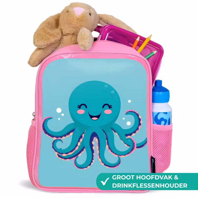 Octopus - Blauw - Gezicht Kinderrugzak - Roze middel -inhoud_NL