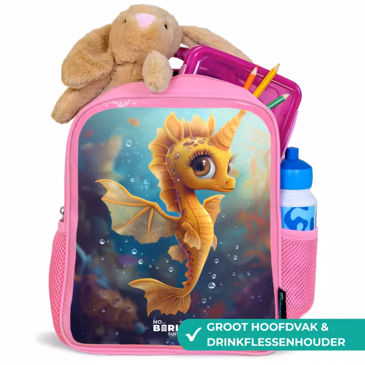 Oranje zeepaardje in het water Kinderrugzak - Roze middel -inhoud_NL