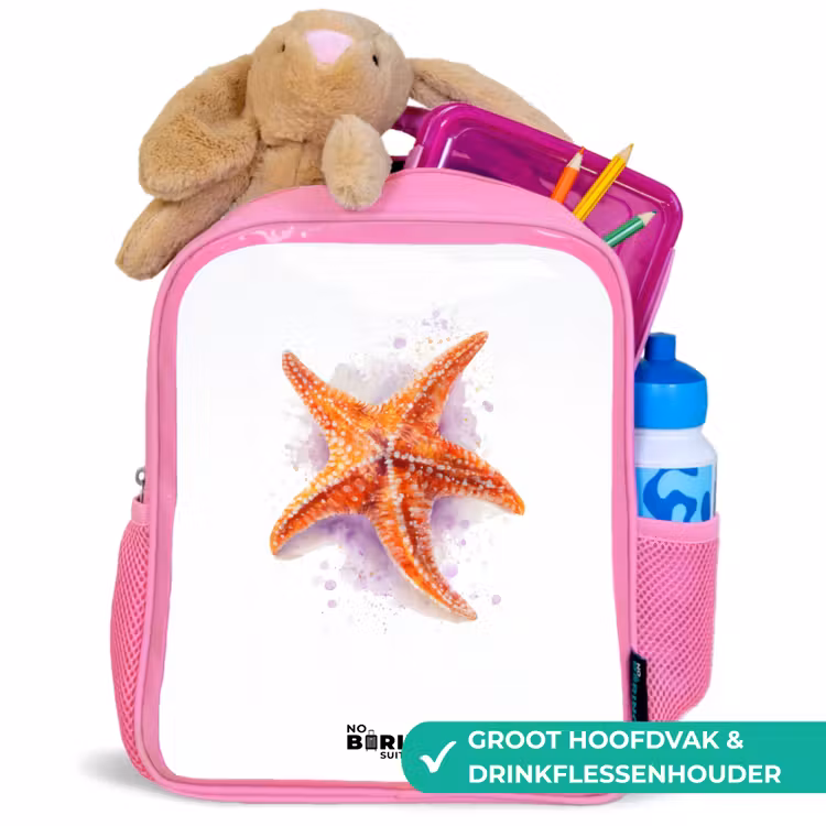 Oranje Zeester Illustratie Kinderrugzak - Roze middel -inhoud_NL
