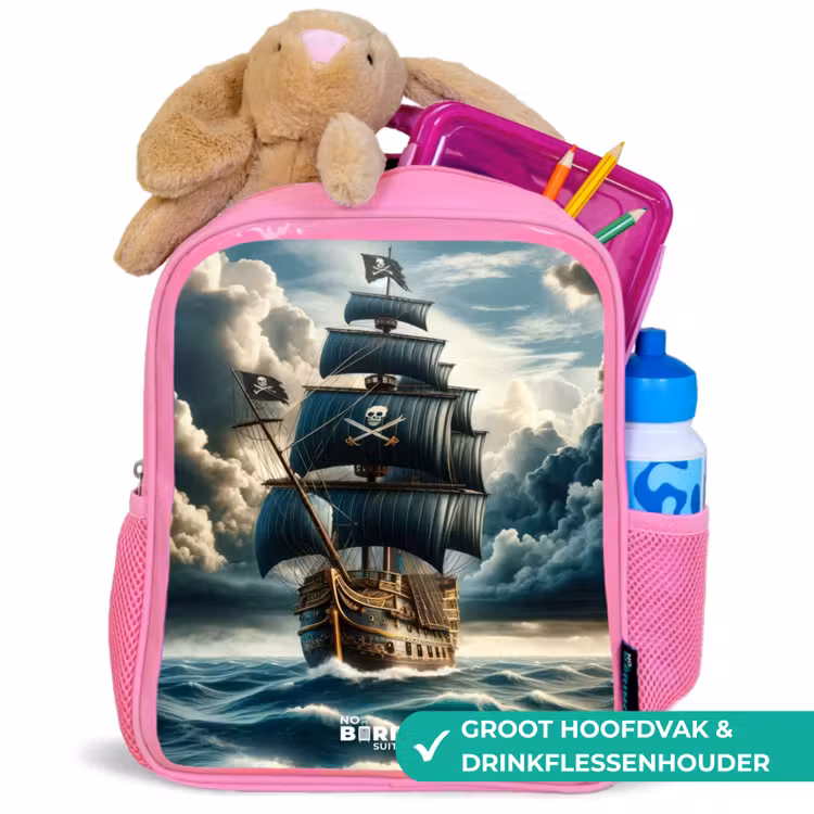 Piratenschip op een woeste zee Kinderrugzak - Roze middel -inhoud_NL