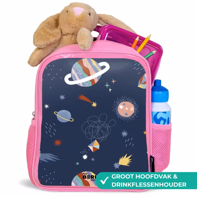 Planeten in de hemel Kinderrugzak - Roze middel -inhoud_NL