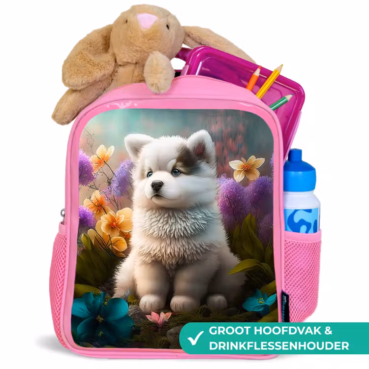 Puppy - Bloemen - Planten - Natuur - Husky Kinderrugzak - Roze middel -inhoud_NL