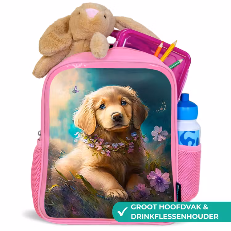 Puppy - Bloemenkrans - Vlinder - Hond - Golden retriever Kinderrugzak - Roze middel -inhoud_NL