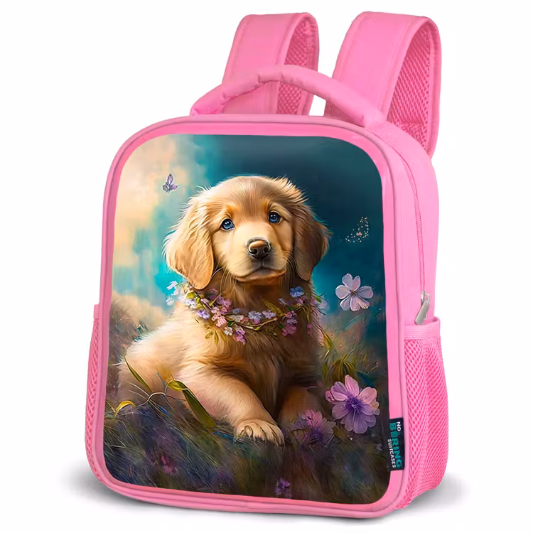 Puppy - Bloemenkrans - Vlinder - Hond - Golden retriever Kinderrugzak - Roze middel -schuin