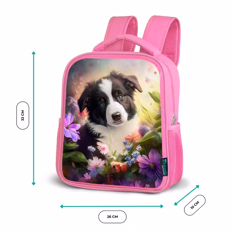 Puppy - Zon - Bloemen - Natuur - Bordercollie - Hond Kinderrugzak - Roze middel -productfoto_formaten