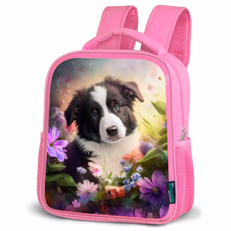 Puppy - Zon - Bloemen - Natuur - Bordercollie - Hond Kinderrugzak - Roze middel -schuin