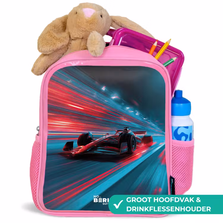 Raceauto - Baan - Neon - Verlichting Kinderrugzak - Roze middel -inhoud_NL