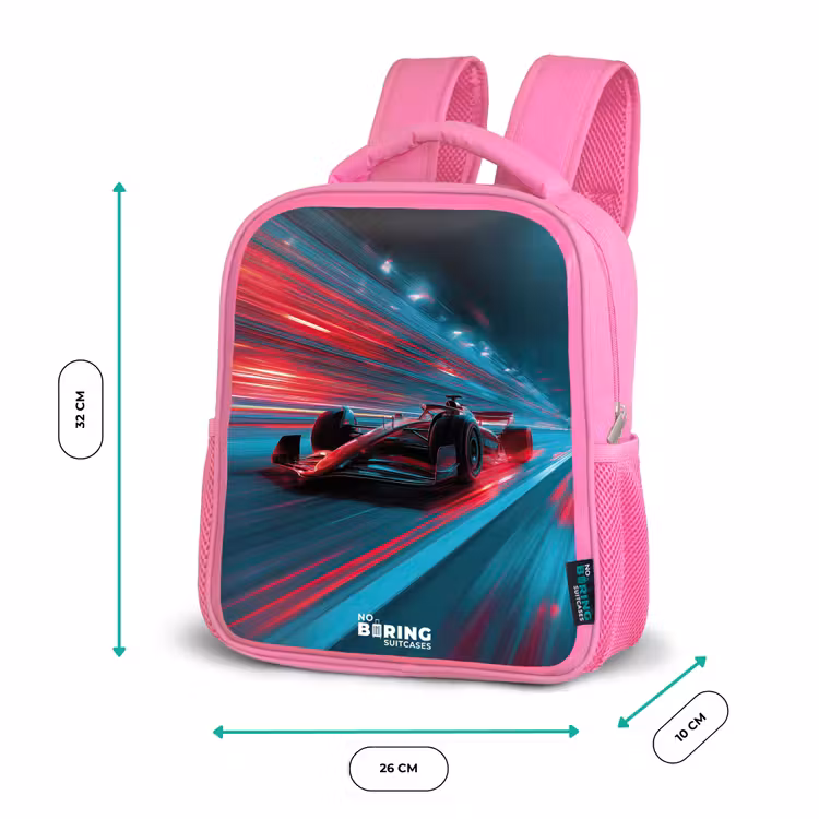 Raceauto - Baan - Neon - Verlichting Kinderrugzak - Roze middel -productfoto_formaten
