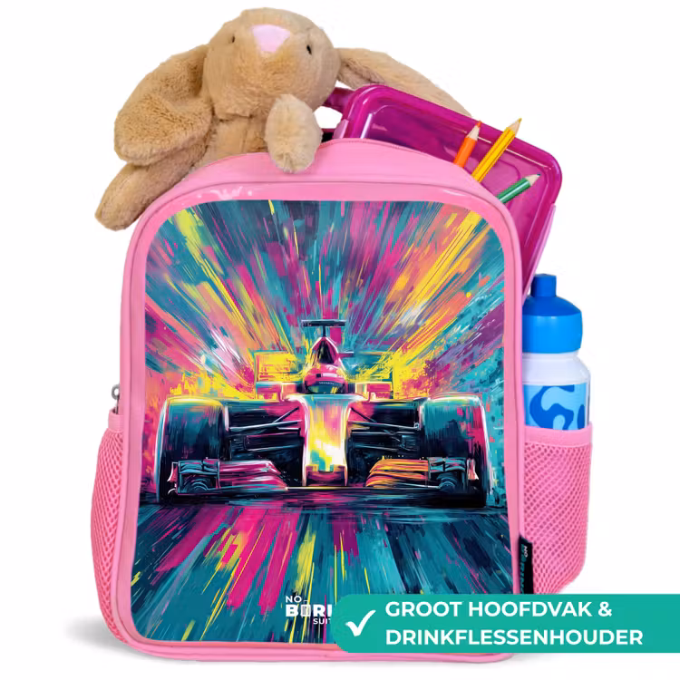 Raceauto - Explosie - Kleurrijk - Abstract Kinderrugzak - Roze middel -inhoud_NL