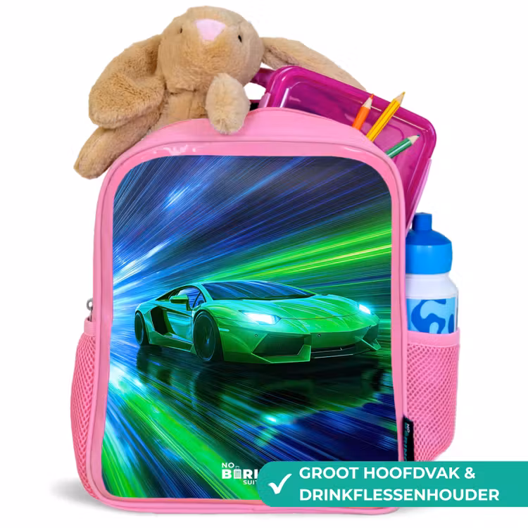 Raceauto - Felgroen - Lichtstralen - Snelheid Kinderrugzak - Roze middel -inhoud_NL
