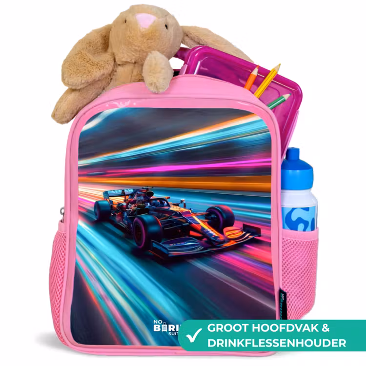Raceauto met kleurrijke lichtsporen Kinderrugzak - Roze middel -inhoud_NL
