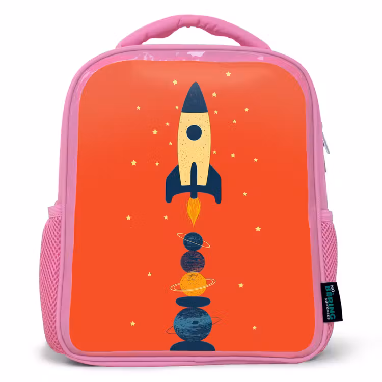 Raket - Planeten - Rood Kinderrugzak - Roze middel -3d
