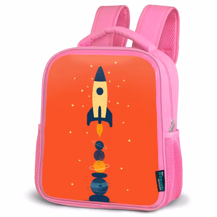 Raket - Planeten - Rood Kinderrugzak - Roze middel -schuin