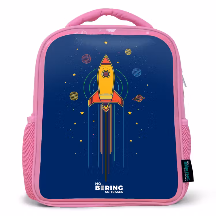 Raket - Planeten - Sterren Kinderrugzak - Roze middel -3d