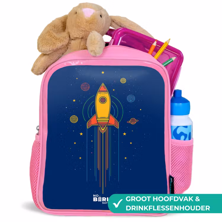 Raket - Planeten - Sterren Kinderrugzak - Roze middel -inhoud_NL