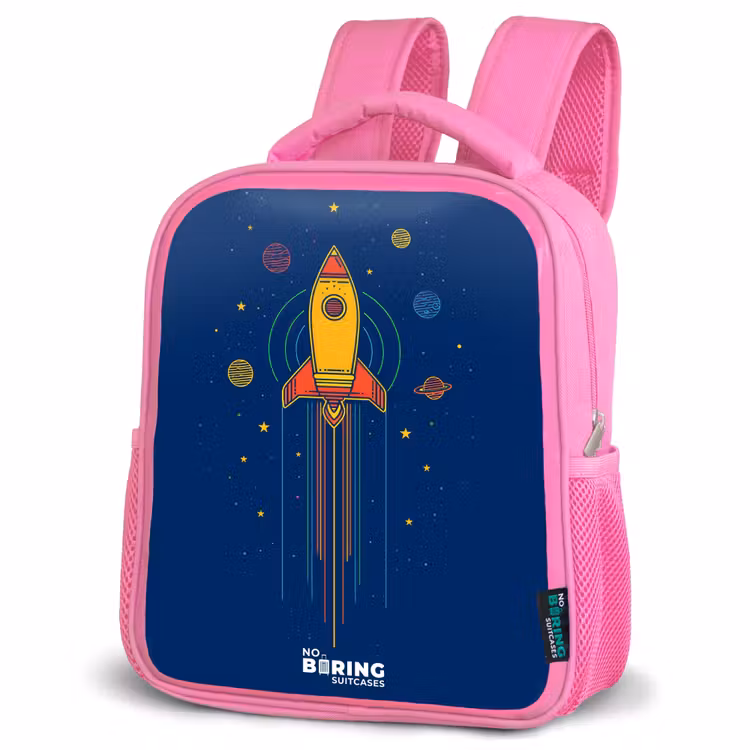 Raket - Planeten - Sterren Kinderrugzak - Roze middel -schuin