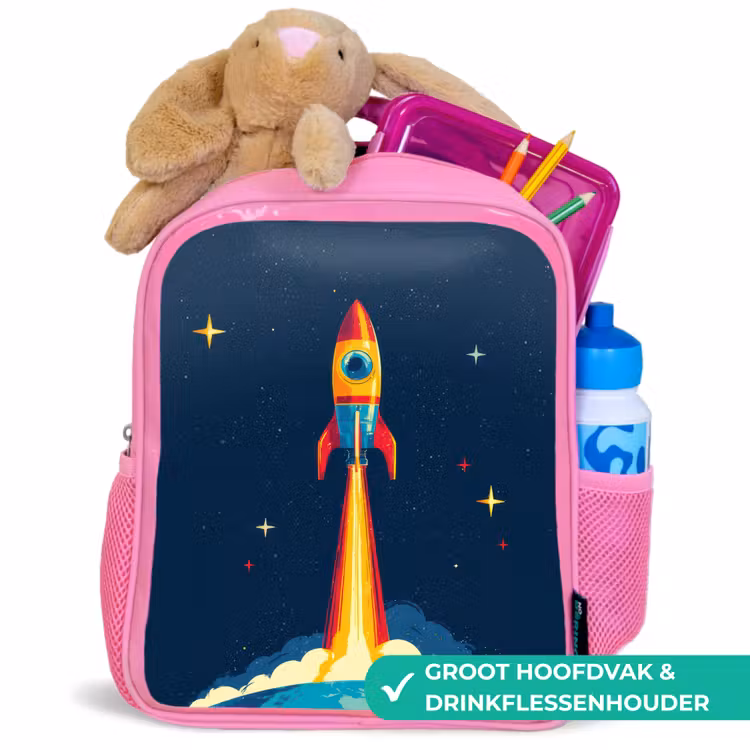 Raket - Rookwolken - Ruimte Kinderrugzak - Roze middel -inhoud_NL