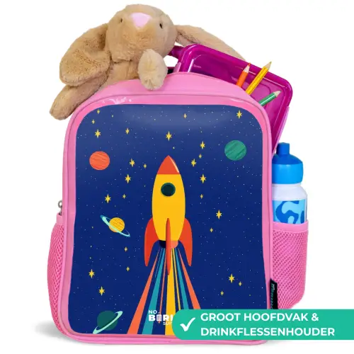 Raket - Sterren - Planeet - Ruimte Kinderrugzak - Roze middel -inhoud_NL