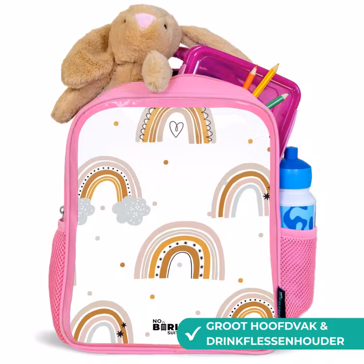 Regenbogen patroon in zachte kleuren Kinderrugzak - Roze middel -inhoud_NL