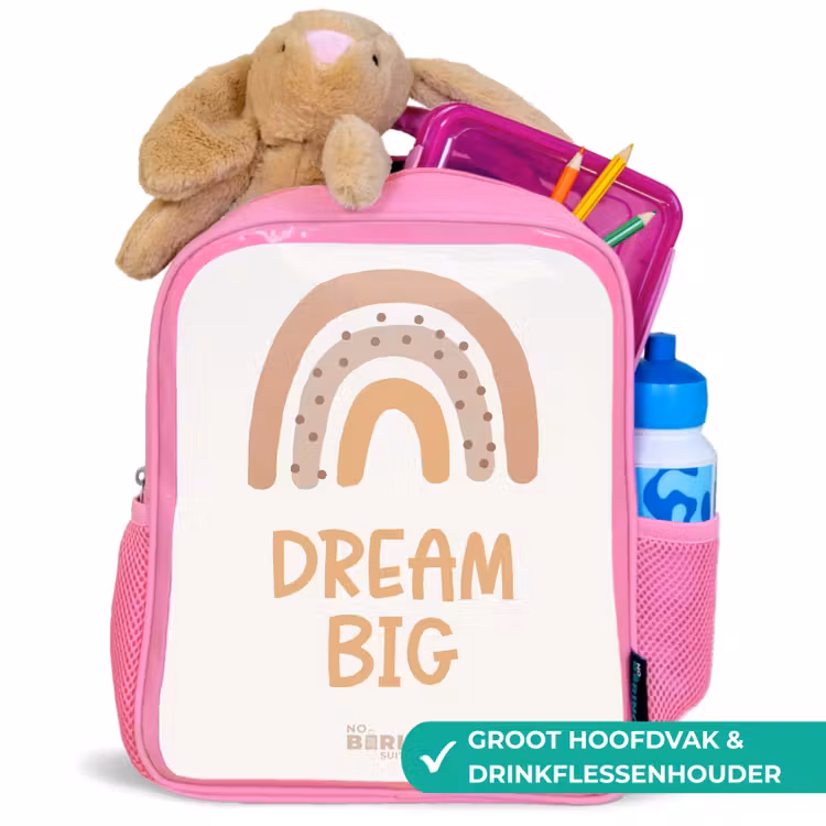 Regenboog met de quote 'Dream Big' Kinderrugzak - Roze middel -inhoud_NL