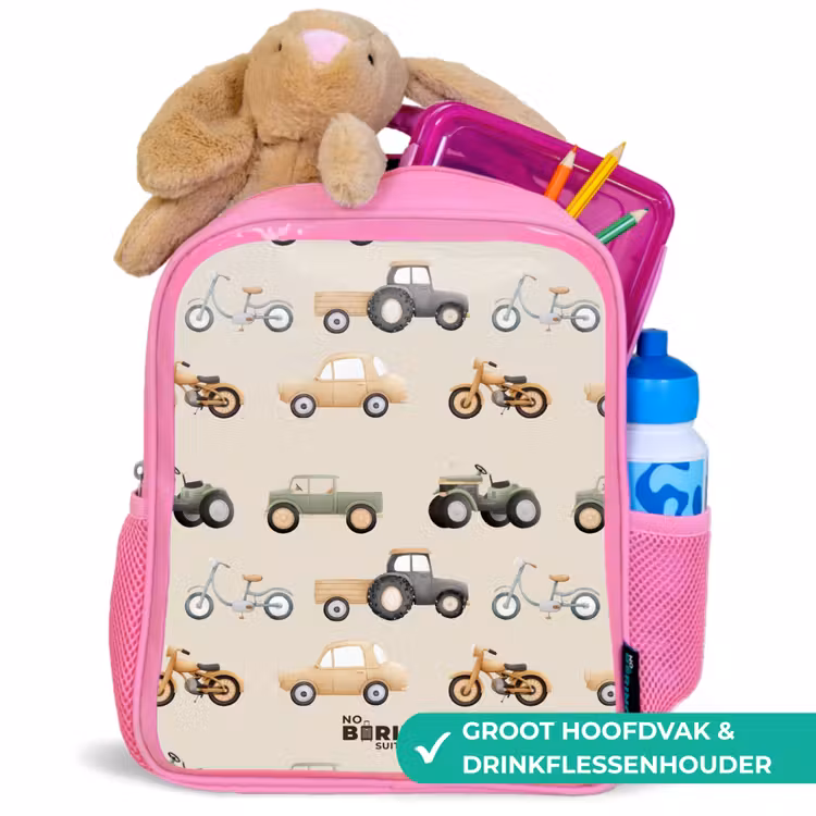 Retro voertuigen patroon Kinderrugzak - Roze middel -inhoud_NL