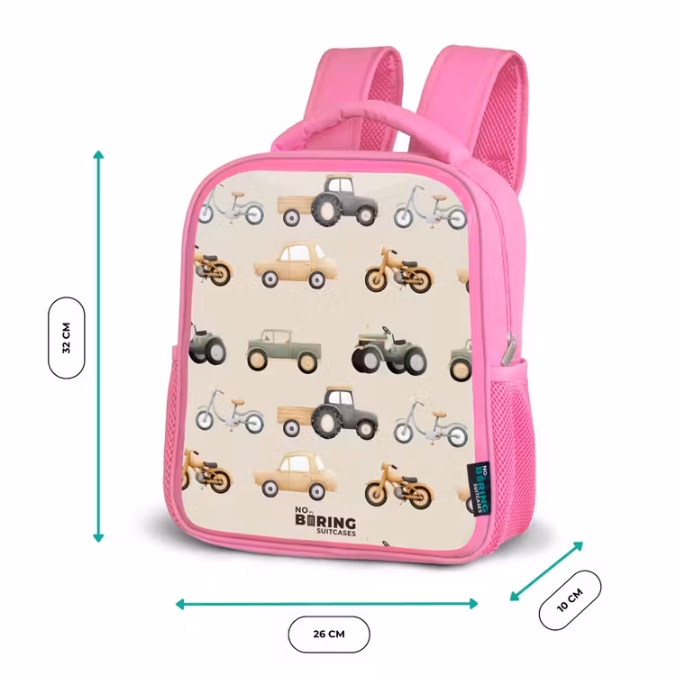 Retro voertuigen patroon Kinderrugzak - Roze middel -productfoto_formaten