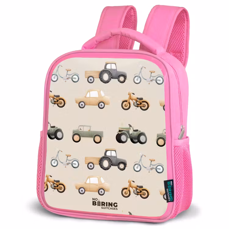 Retro voertuigen patroon Kinderrugzak - Roze middel -schuin