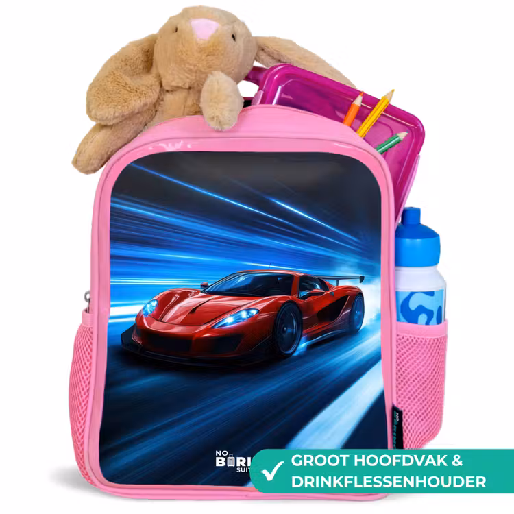Rode racewagen in digitale snelheidswereld Kinderrugzak - Roze middel -inhoud_NL