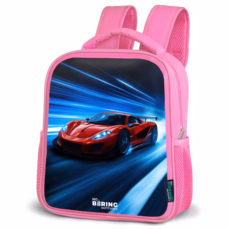 Rode racewagen in digitale snelheidswereld Kinderrugzak - Roze middel -schuin