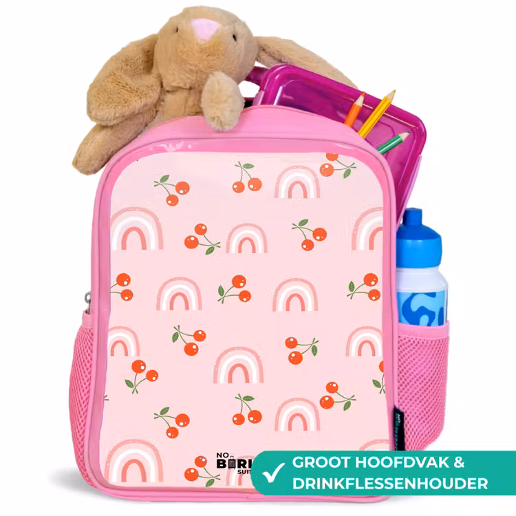 Roze met regenboog en kersen patroon Kinderrugzak - Roze middel -inhoud_NL